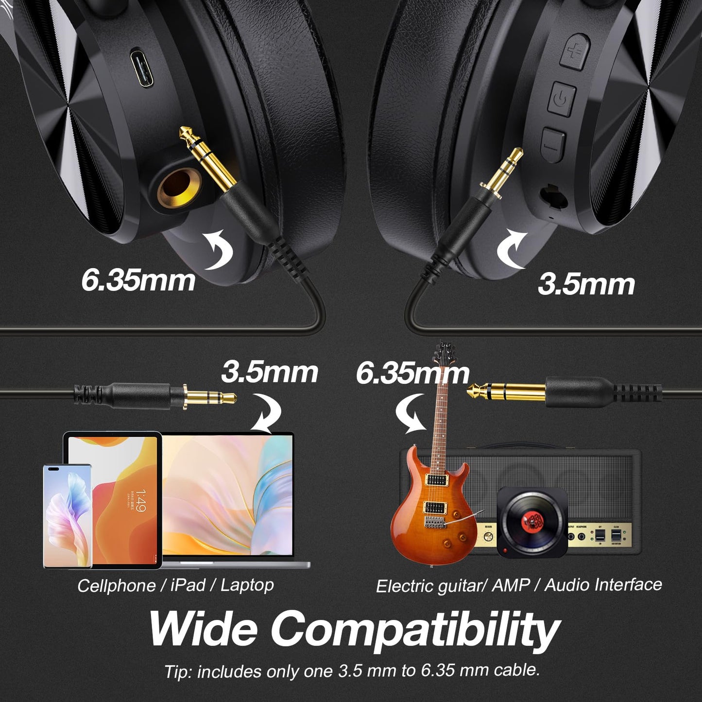 OneOdio A70 Bluetooth Over-Ear Headphones, Hi-Res Wired DJ Studio - Black | Wireless over-ear headphones with 72H playtime, 3.5mm/6.35mm wired jacks for studio monitoring, mixing, guitar, amp and PC
