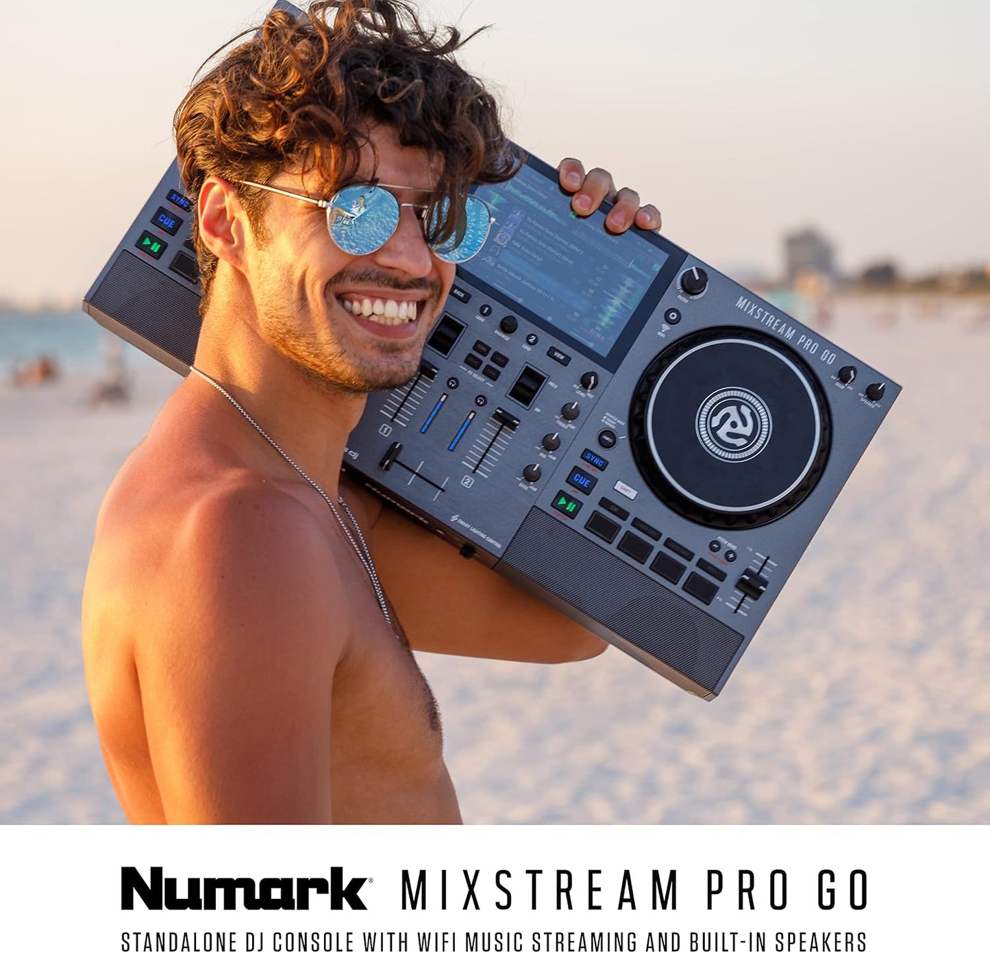 Numark Mixstream Pro Go Portable DJ Controller | Battery-Powered Standalone DJ Mixer with Stem Separation, Wi-Fi Streaming, Built-In Speakers, and 7" Touchscreen