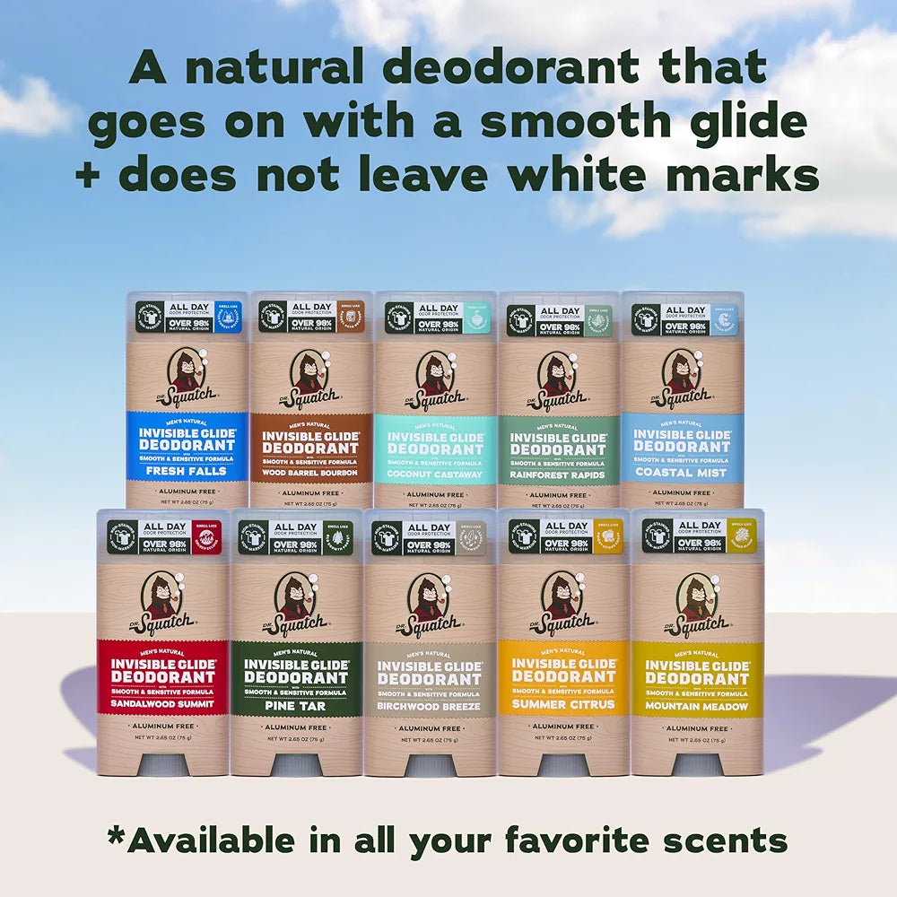 Dr. Squatch Invisible Glide Natural Men’s Deodorant – Smooth Glide, No Stains – Aluminum Free Deodorant Men – Safe for Sensitive Skin – Coconut Castaway + Rainforest Rapids, 2.65oz 