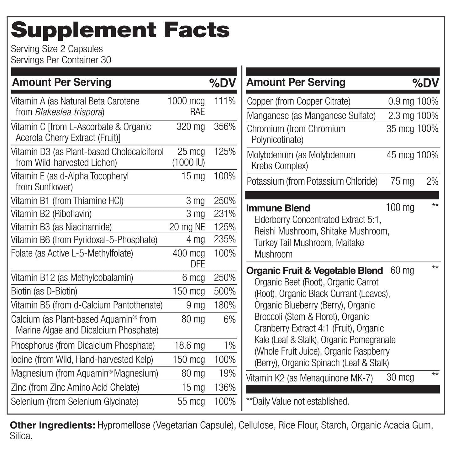 NATURELO Whole Food Multivitamin + Immune Blend with Elderberry & Mushrooms - Complete Multivitamin with Extra Immune Support - C, D3, Zinc, Elderberry, Reishi, Shitake - 60 Vegan Capsules