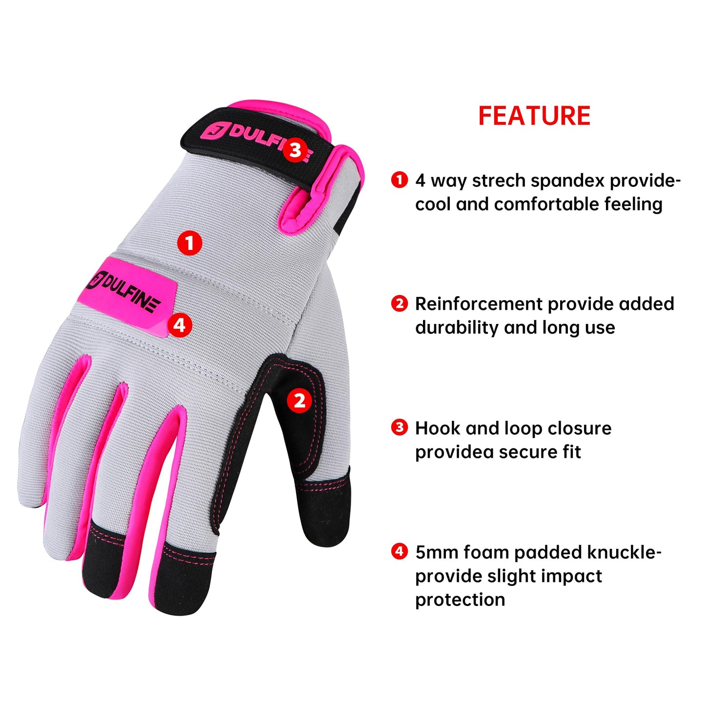 DULFINE Flex Grip Mechanic 1 Pair Pack Work Gloves for Women Pink M | Fit-Padded Knuckles & Palm, Touch Screen, Flexible, Breathable, Ideal for Gardening Yardwork Warehouse