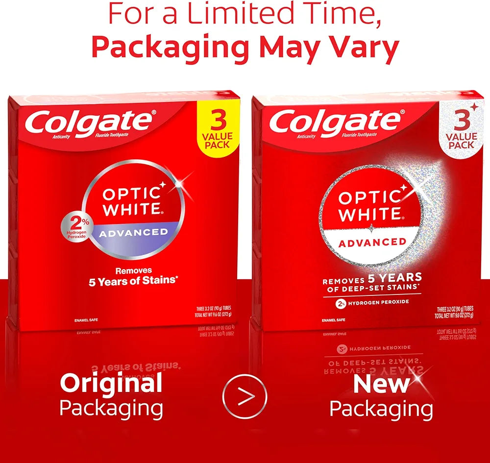 Colgate Optic White Advanced Hydrogen Peroxide Toothpaste, Teeth Whitening Toothpaste Pack, Enamel-Safe Formula, Helps Remove Tea, Coffee, and Wine Stains, Sparkling White, 3 Pack, 3.2 oz