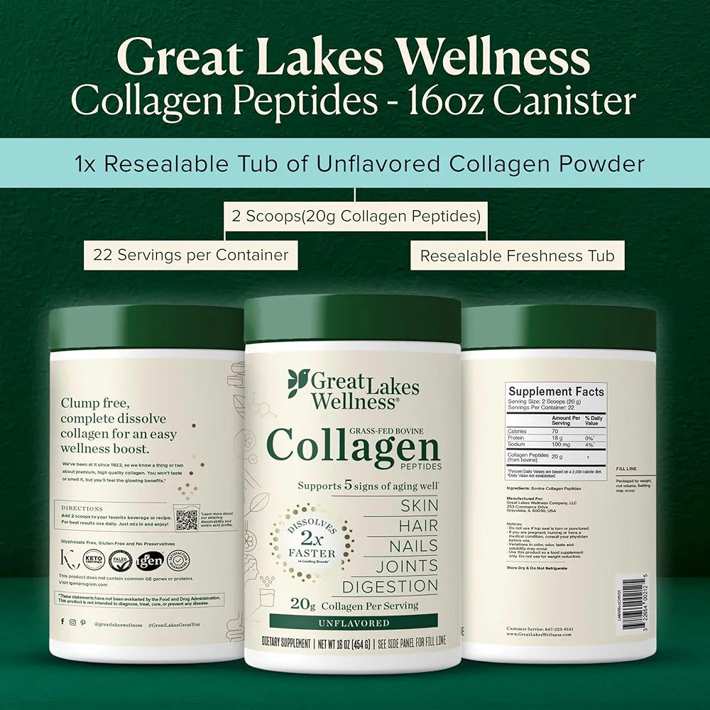 Great Lakes Wellness Collagen Peptides Powder – Supports Skin, Hair, Nails, Joints & Digestion – Hydrolyzed, Quick Dissolve, Non-GMO, Keto & Kosher – Pure Collagen Protein 
