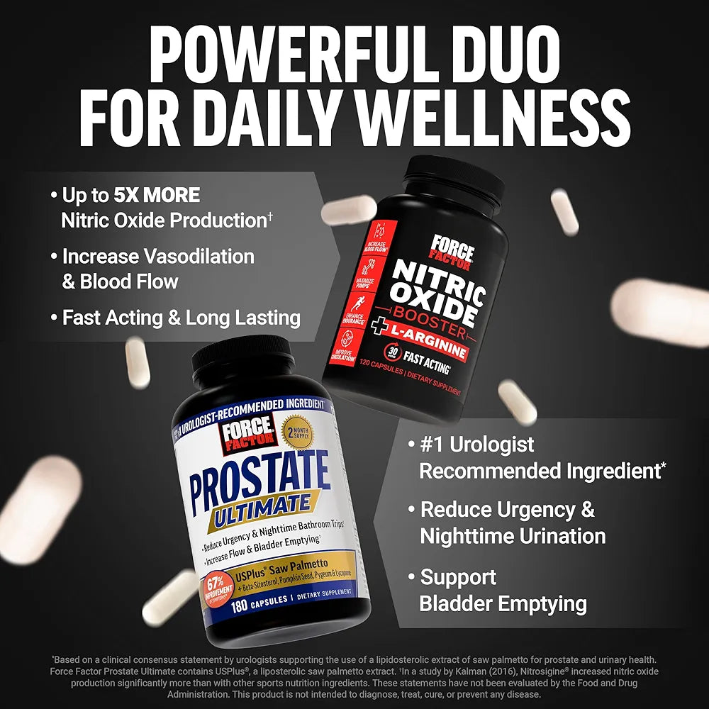 Force Factor Prostate Ultimate, Prostate Health Supplement for Men Nitric Oxide Booster, Fast-Acting Formula with L-Arginine, Boosts Nitric Oxide Levels, 120 Capsules