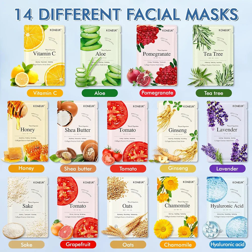 KONEUK 14-Pack Hydrating Sheet Face Mask Set for Dry Skin - Bulk Facial Spa Skincare Gift for Women