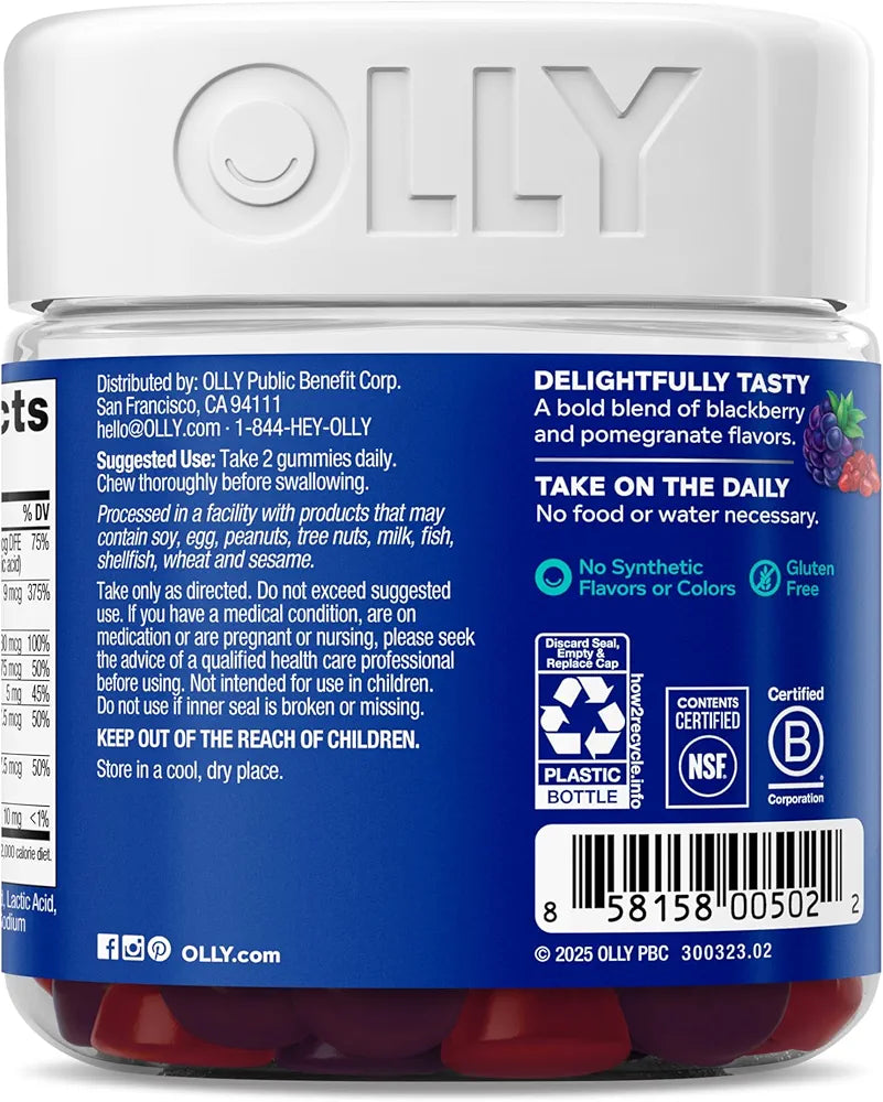 OLLY Men's Multivitamin Gummy, Vitamins A, C, D, E, B, Zinc, Blackberry Flavor, 45 Day Supply - 90 Count