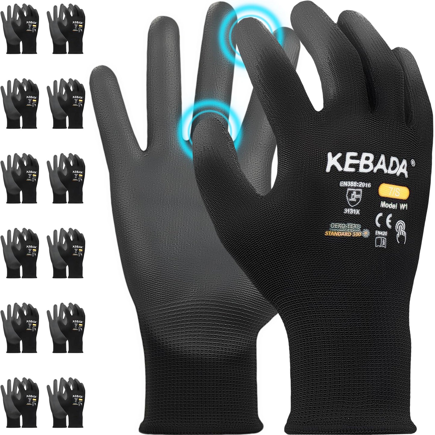 W1 Safety Work Gloves for Men & Women, Touchscreen, PU Coated | 12 Pairs, Gray, Breathable Seamless Knit, Lightweight, Secure Grip. Ideal for Warehouse, Construction, Gardening & Mechanics