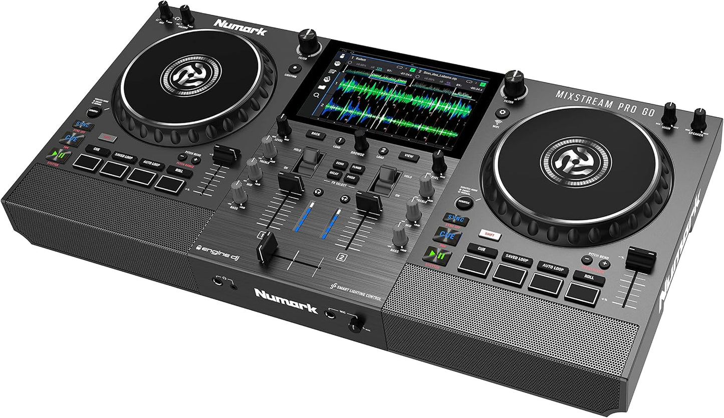 Numark Mixstream Pro Go Portable DJ Controller | Battery-Powered Standalone DJ Mixer with Stem Separation, Wi-Fi Streaming, Built-In Speakers, and 7" Touchscreen