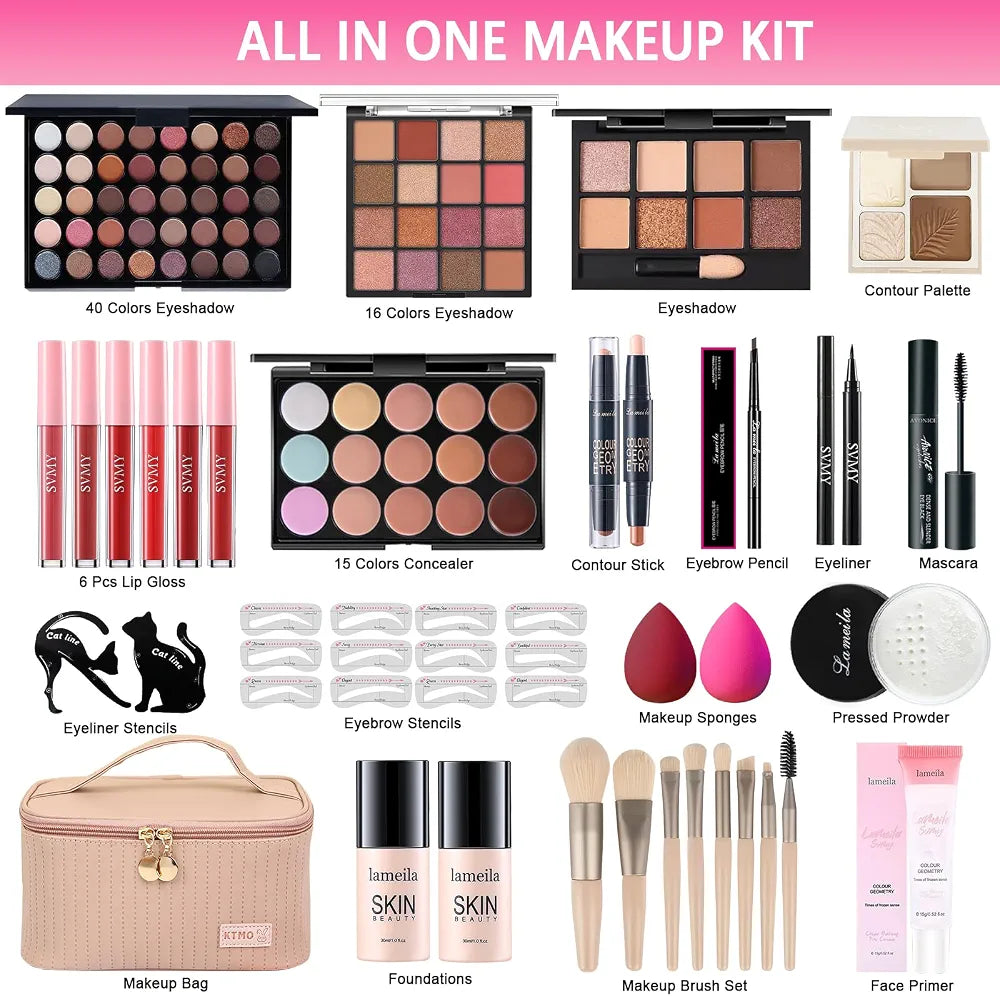 Professional All-in-One Makeup Kit: Complete Cosmetic Bundle with Eyeshadow, Foundation, Eyeliner, Contour, Lip Gloss, and Brushes