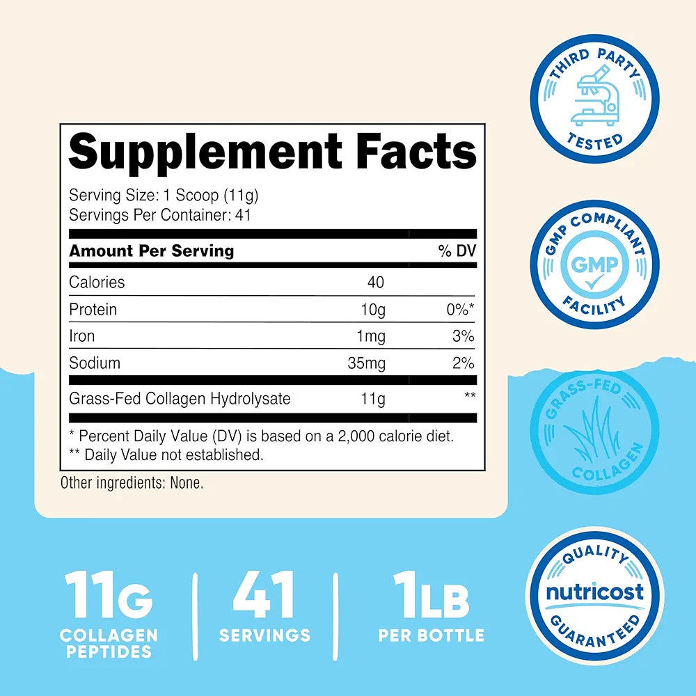 Nutricost Collagen Peptides Powder 1LB  - Grass Fed Bovine Collagen Hydrolysate 