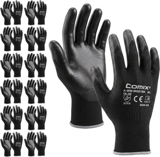 Comix PU Coated Work Gloves 12 Pairs, Light Grip for Warehouse | High-Dexterity Safety Gloves. Breathable 13-Gauge Liner. Ideal For Material Handling, Logistics, Assembly & Maintenance