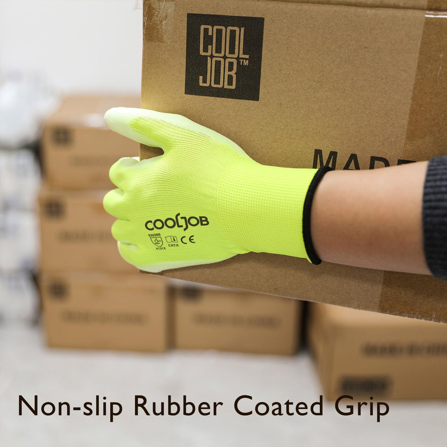 COOLJOB 12/60 Pairs Safety Work Gloves Pack Bulk with Grip PU Coating | Breathable Lightweight Gloves with Polyurethane Dipped for Men Women, 13 Gauge Seamless Knit Thin Gloves, Blue Large