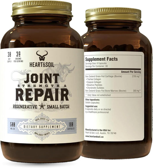 HEART & SOIL Joint Support Supplement, 180 Capsules | 100% grass fed & finished from regenerative cattle with trachea, scapula & bone marrow. Supports joint strength & mobility.