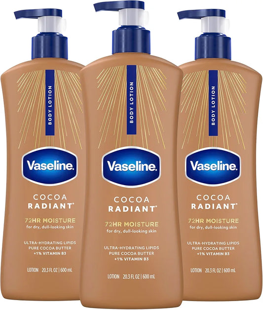 Vaseline Intensive Care Cocoa Radiant Body Lotion, 20.3 Oz (3-Pack) - Ultra-Hydrating Lipids & Pure Cocoa Butter for Dry Skin
