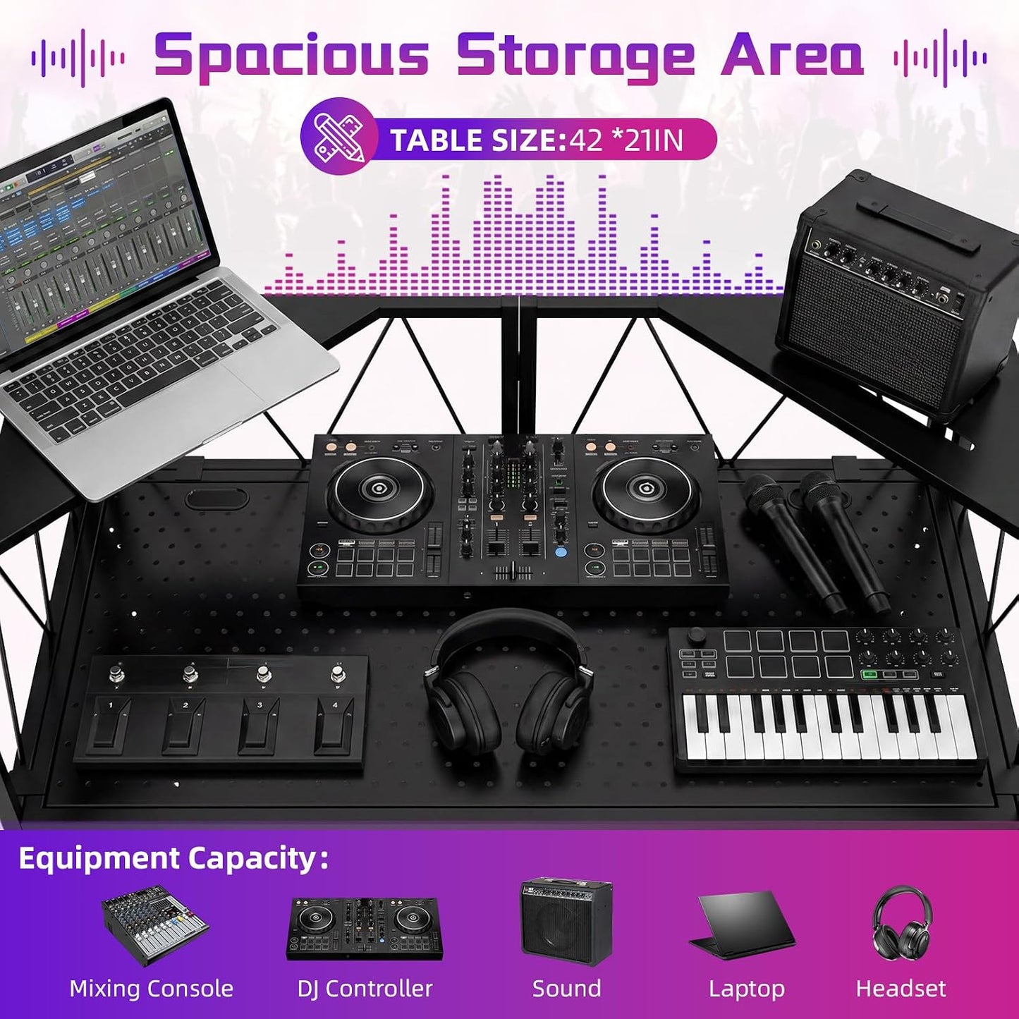 Portable DJ Booth Facade Stand, DJ Table Stand, DJ Facade Booth with White & Black Scrims, Includes Carry Bag & Two Top Corners Table, Tool-Free Setup, for Parties, Events, Studios (40"L x 20"W)