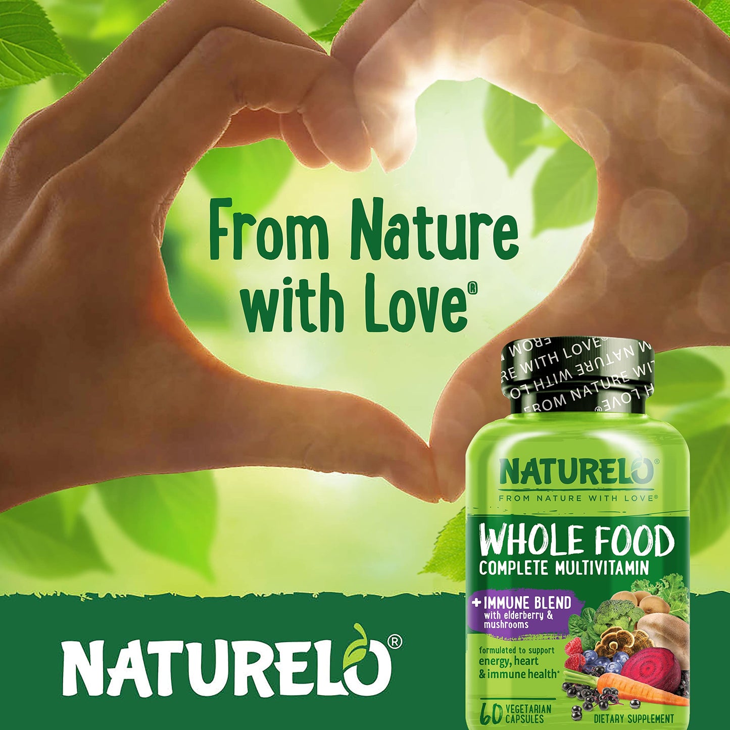 NATURELO Whole Food Multivitamin + Immune Blend with Elderberry & Mushrooms - Complete Multivitamin with Extra Immune Support - C, D3, Zinc, Elderberry, Reishi, Shitake - 60 Vegan Capsules