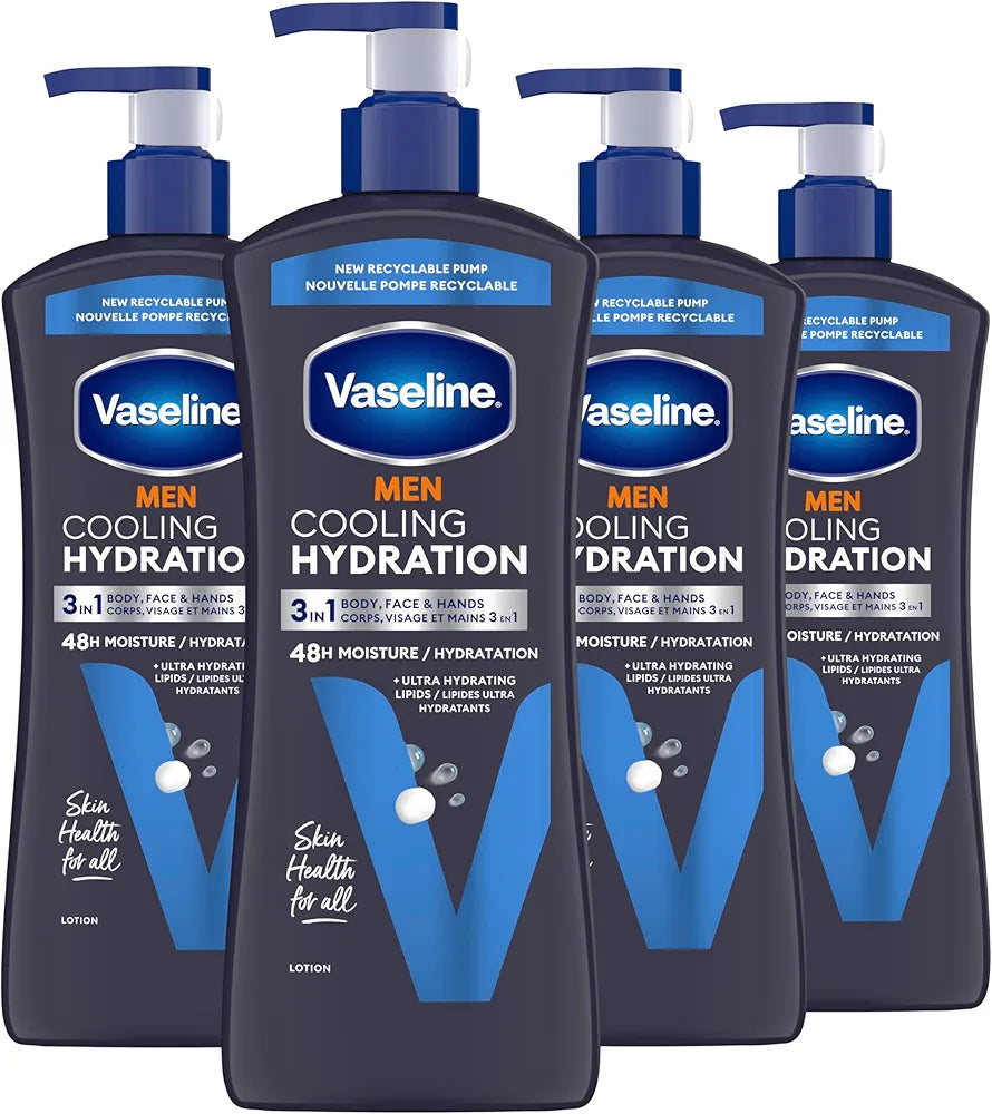 Vaseline Men Cooling Hydration 3-in-1 Lotion for Face, Hands & Body, 20.3 oz (4-Pack)