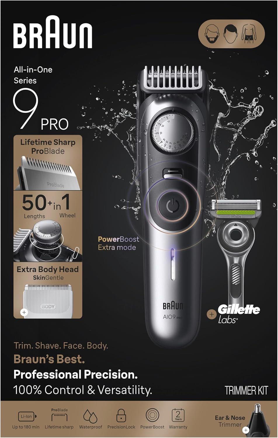 Braun All-in-One Series 9 PRO Men's Electric Beard Trimmer, Hair Clipper, Shaver & Razor for Face, Hair & Body, AIO 9550 with Gillette Labs Razor, Cordless