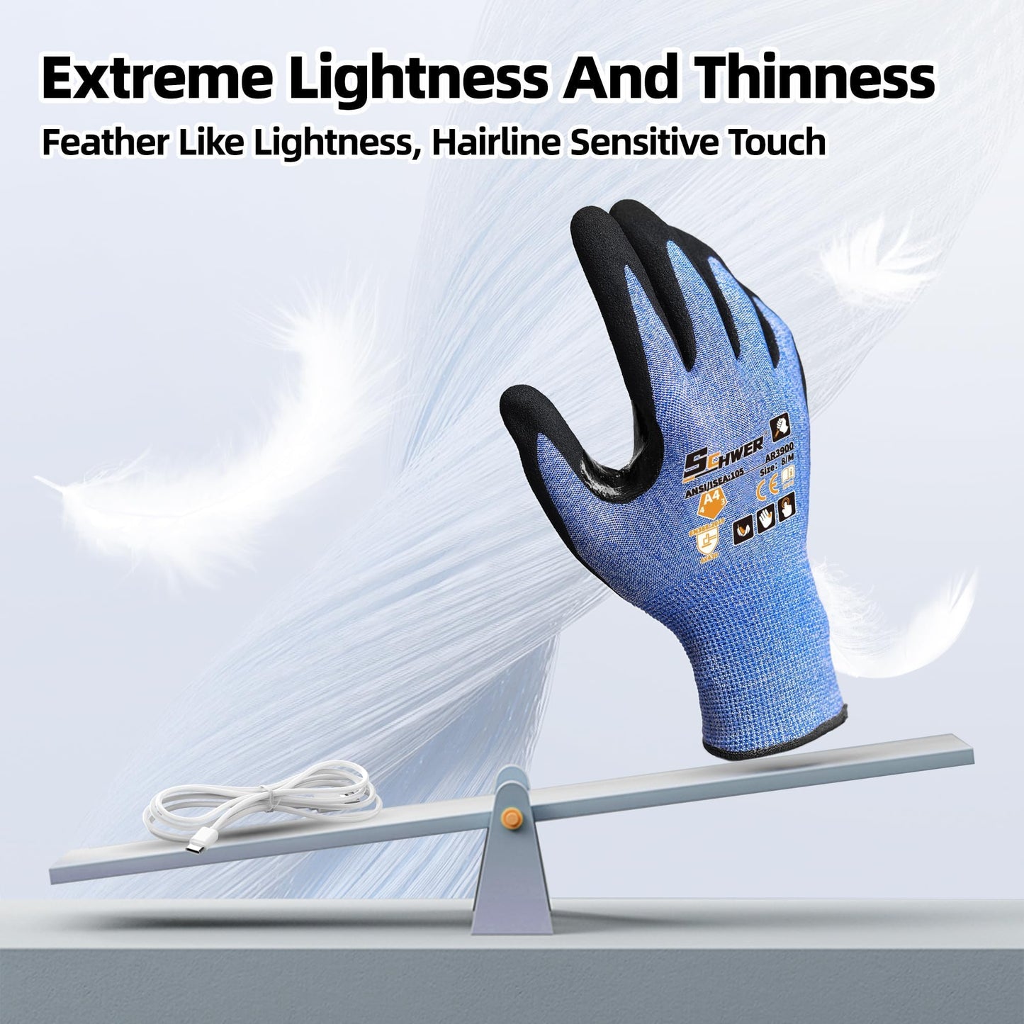Schwer A4 AIR-SKIN Cut Resistant Work Gloves, Ultra Lightweight, AR3900, L | Precision Work, Ultra-Thin, 3D-Comfort, 18-Gauge, Reinforced Thumb, Strong Grip, Breathable, Touchscreen, Fishing, Gardening