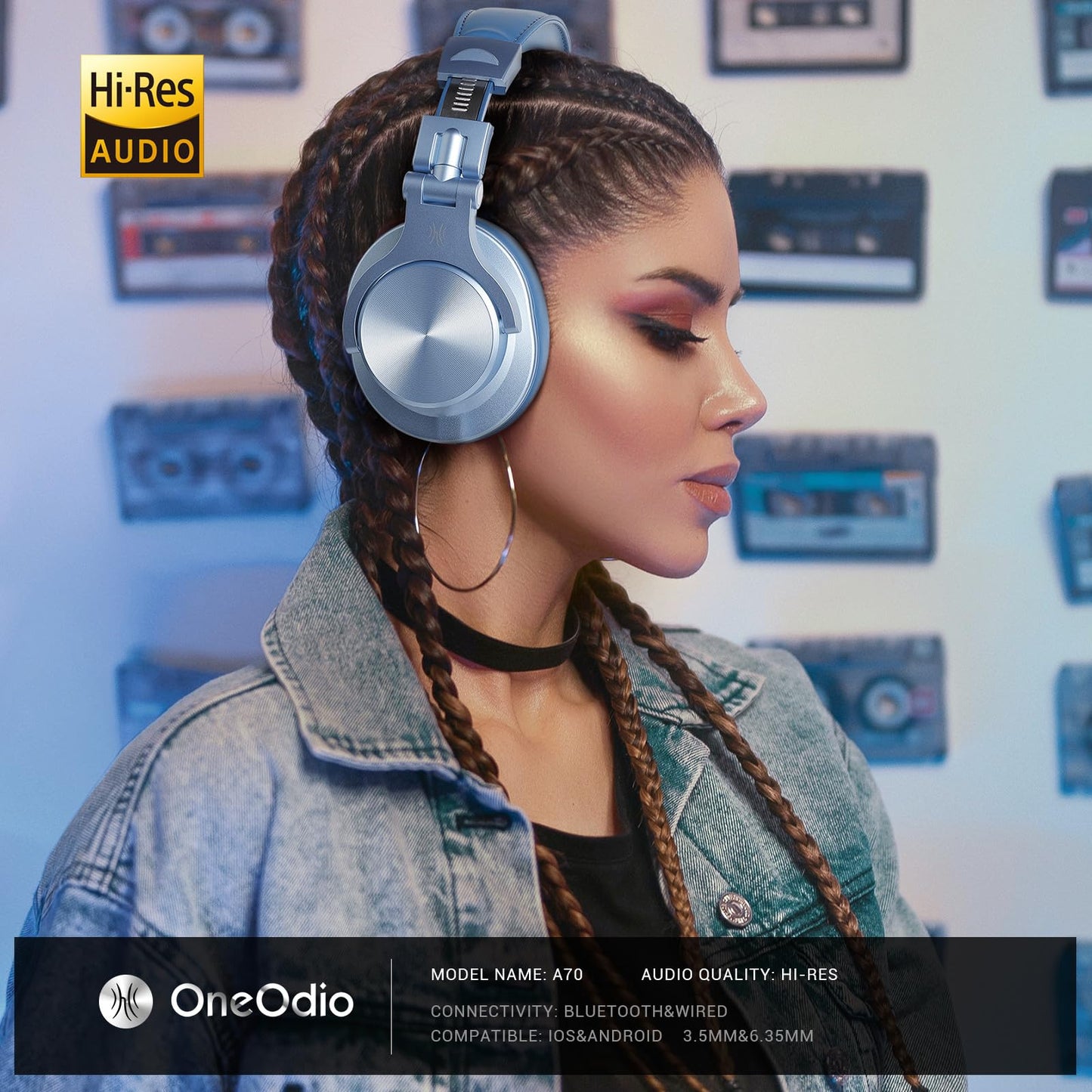 OneOdio A70 Bluetooth Over-Ear Headphones, Hi-Res Wired DJ Studio - Black | Wireless over-ear headphones with 72H playtime, 3.5mm/6.35mm wired jacks for studio monitoring, mixing, guitar, amp and PC