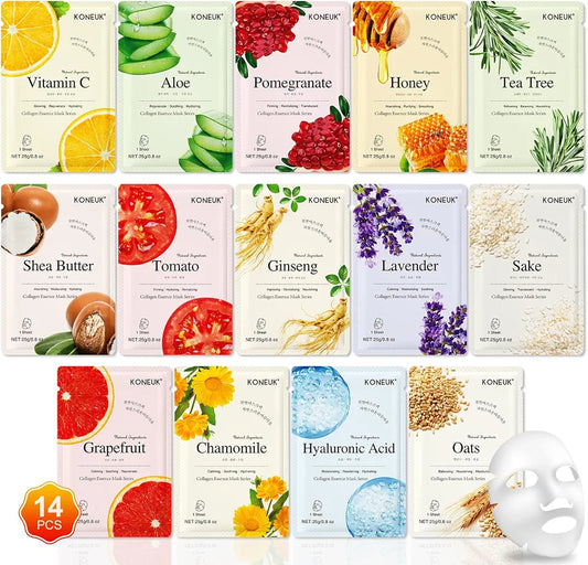 KONEUK 14-Pack Hydrating Sheet Face Mask Set for Dry Skin - Bulk Facial Spa Skincare Gift for Women