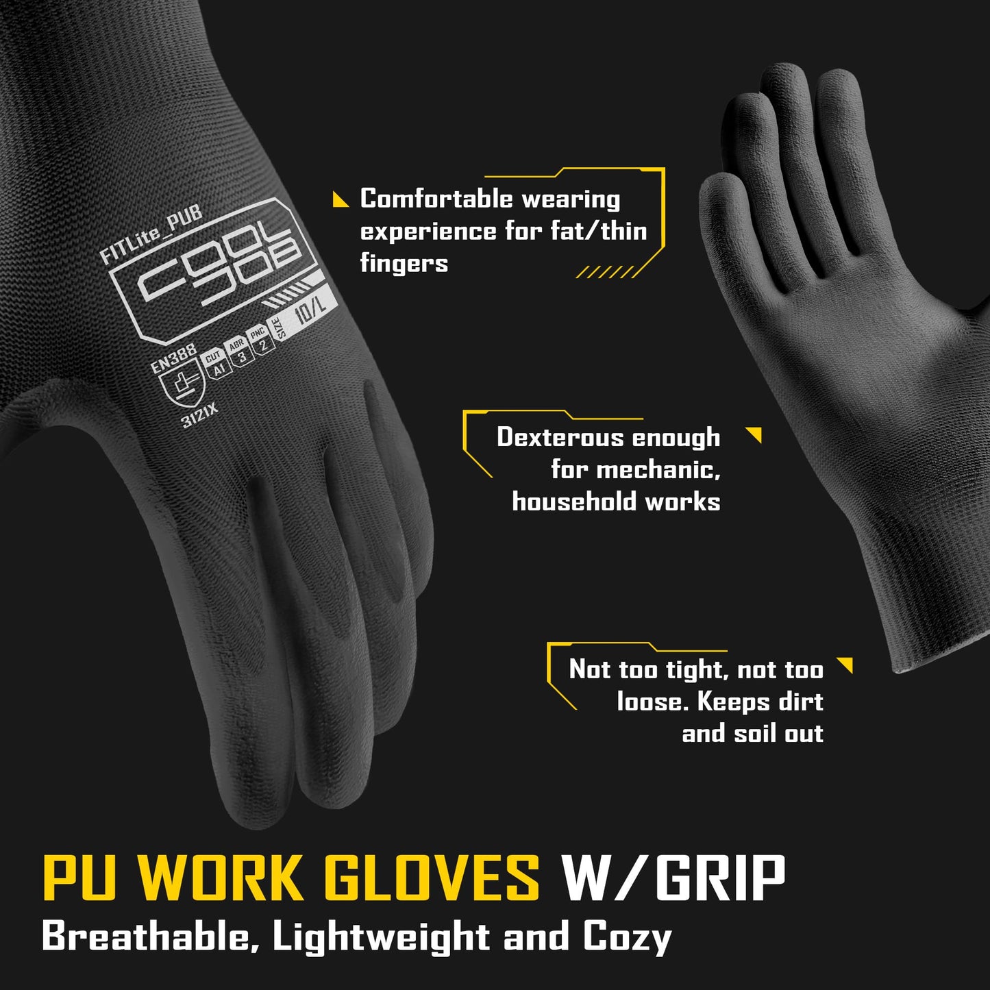 COOLJOB 12/60 Pairs Safety Work Gloves Pack Bulk with Grip PU Coating | Breathable Lightweight Gloves with Polyurethane Dipped for Men Women, 13 Gauge Seamless Knit Thin Gloves, Blue Large