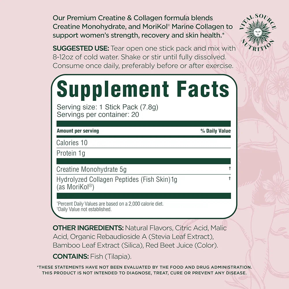 Vital Source Nutrition - Flexi - Creatine & Collagen Stick Packs - 5g Creatine Monohydrate + 1g MoriKol Collagen -Supports Strength, Recovery & Skin Health -20 Servings