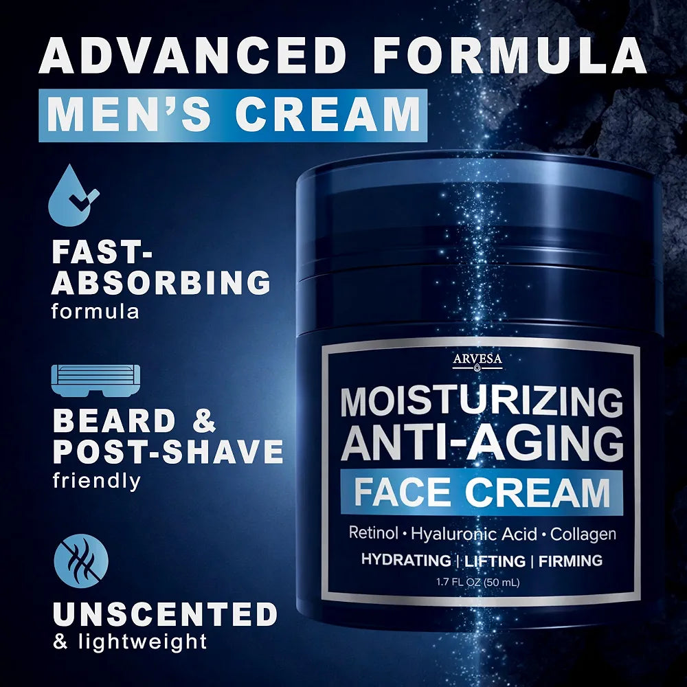 Premium Men's Anti-Aging Face Moisturizer with Retinol, Collagen, and Hyaluronic Acid - Hydrating, Firming, and Wrinkle Repair After-Shave Lotion