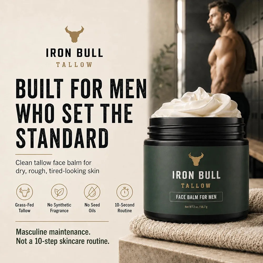 Iron Bull Beef Tallow Face Moisturizer for Men. Anti-Aging With Hyaluronic Acid for Wrinkles. Grass-Fed Beef Tallow Skin Balm & Jojoba Oil for All Skin Types. Natural Formula With a Clean Scent - 2oz