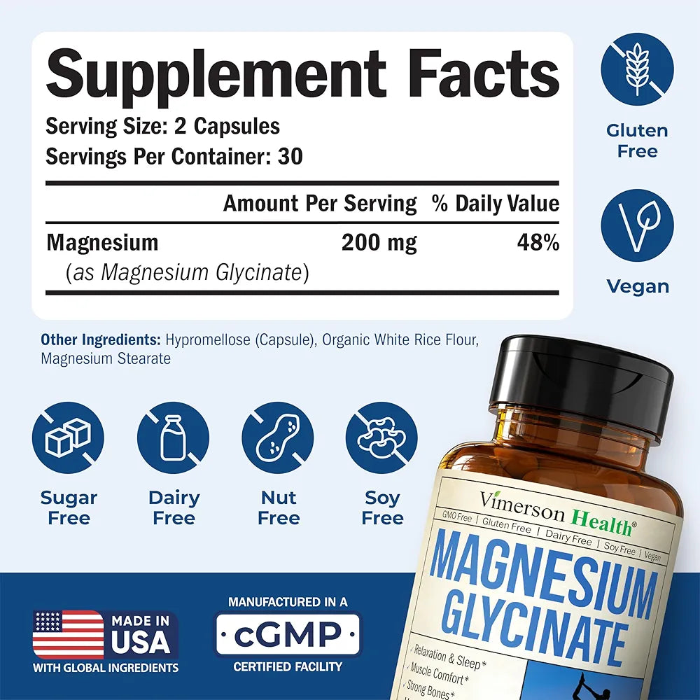 Vimerson Health Magnesium Glycinate 200mg for Sleep, Relaxation & Muscle Support – Chelated, Bioavailable, Vegan and Gentle on Stomach – 60 Capsules
