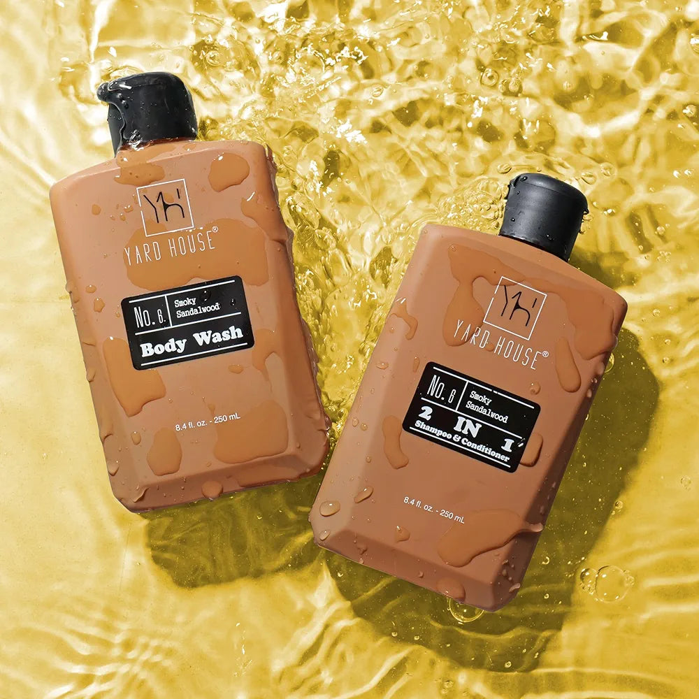 YARD HOUSE Luxury Mens Bath and Body Gift Set Basket For Him - Smoky Sandalwood - All Natural Skin Care Kit For Men w. Full Size Body Wash, Facial Scrub, Body Lotion, Deodorant in Leather Toiletry Bag