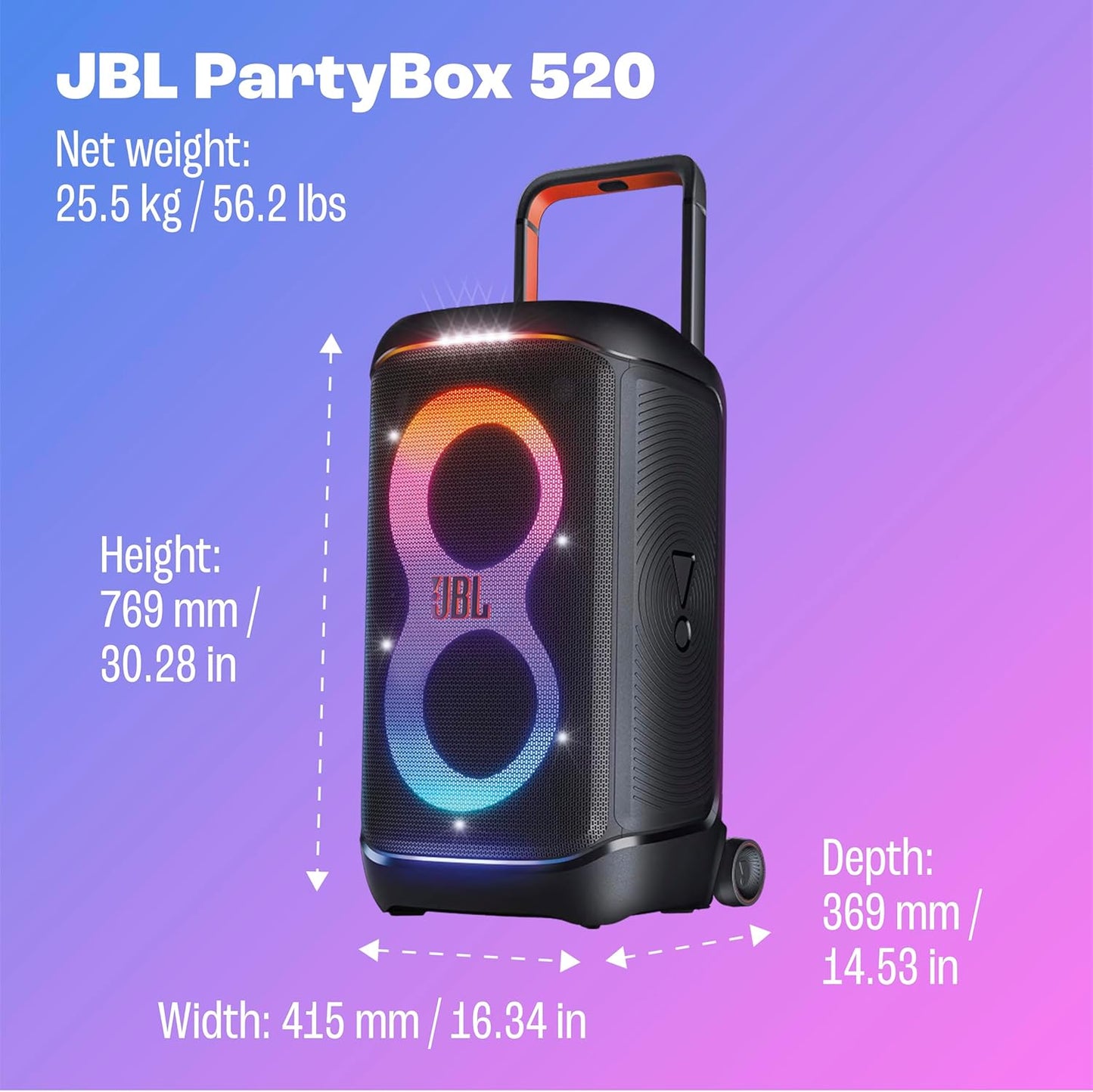 JBL PartyBox 520 Portable Party Speaker with AI Sound Boost - Black | Up To 15 Hours Playtime, Replaceable Battery, Auracast Stereo Linking, Telescopic Handle And Wheels, Mic And Guitar Inputs