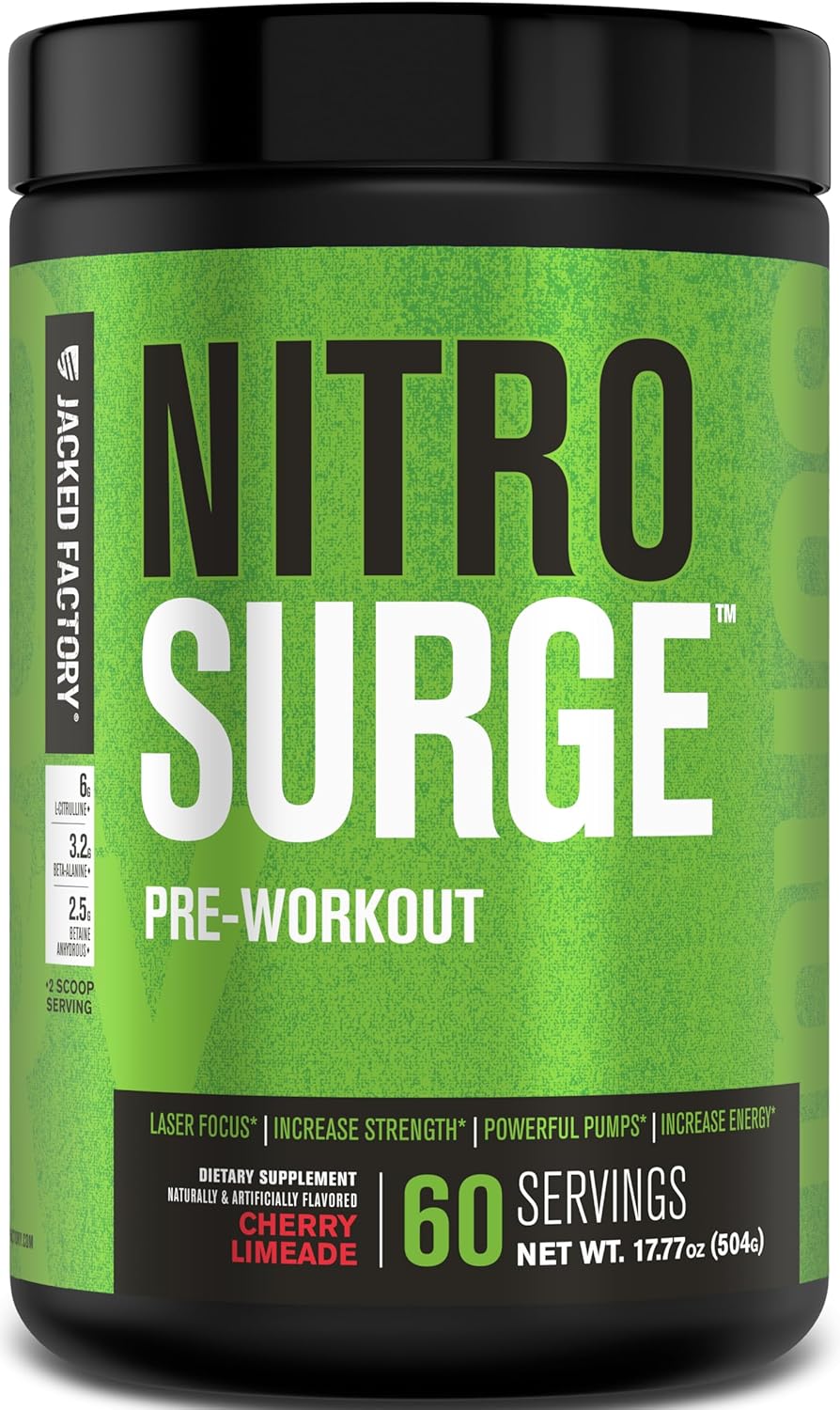 Jacked Factory NITROSURGE Pre Workout Supplement - Endless Energy, Instant Strength Gains, Clear Focus, Intense Pumps - NO Booster & Preworkout Powder with Beta Alanine - 30 Servings, Cherry Limeade