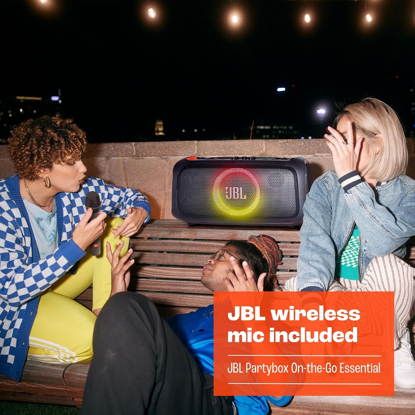 JBL PartyBox On-the-Go Essential - Portable Party Speaker - Black | Amazing JBL Pro Sound, Synched light show, JBL wireless microphone included, IPX4 splashproof protection
