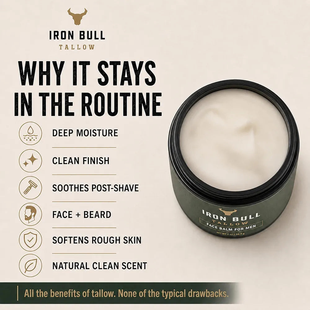 Iron Bull Beef Tallow Face Moisturizer for Men. Anti-Aging With Hyaluronic Acid for Wrinkles. Grass-Fed Beef Tallow Skin Balm & Jojoba Oil for All Skin Types. Natural Formula With a Clean Scent - 2oz