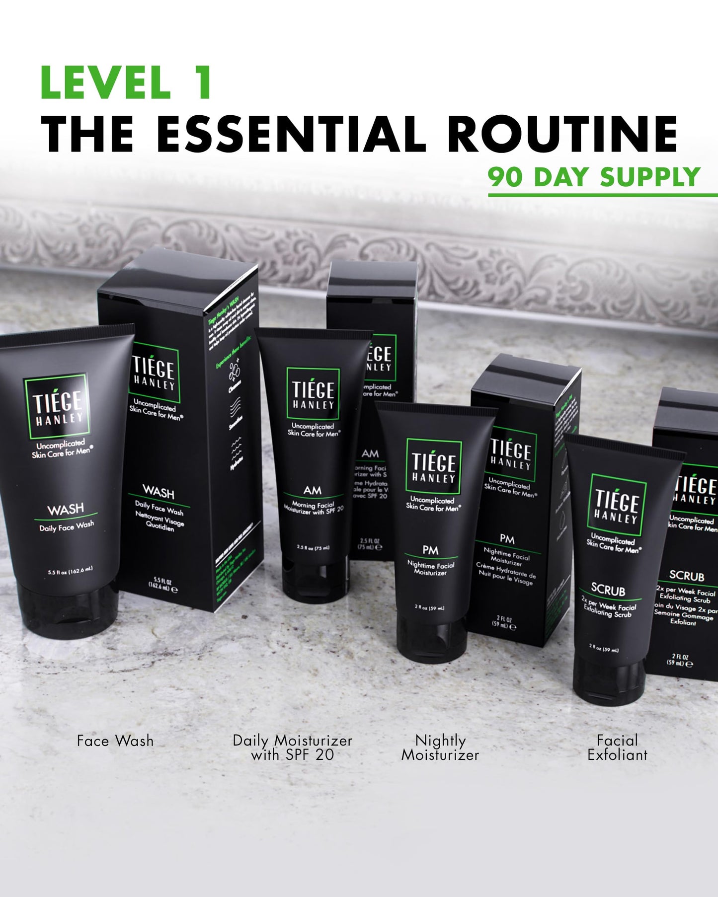 Tiege Hanley Essential Men's Skin Care Set, 30-Day, 4 Piece Kit | Level 1 Essential Routine, Daily Face Wash, Facial Scrub, AM SPF & PM Moisturizers