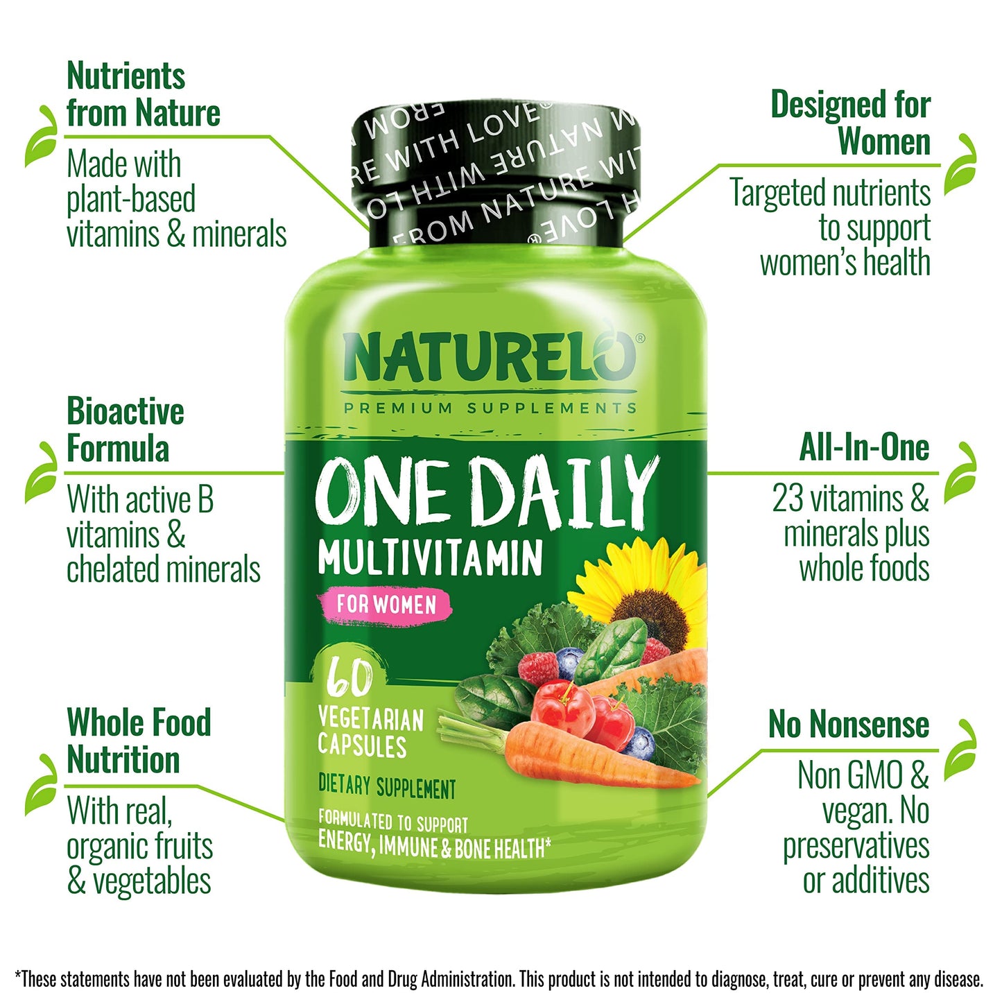 NATURELO One Daily Multivitamin for Women w/Vitamin B12, 120 Ct, Energy Support, Whole Food Daily Women Multivitamin Supplement, Nourish Hair/Skin/Nail, Non-GMO, No Soy, Gluten Free, 4 Month Supply