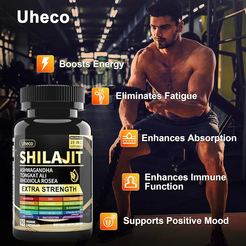 Shilajit Capsules, 19-in-1 Supplement with Sea Moss, Ashwagandha, Tongkat Ali & Fulvic Acid, Natural Mineral Wellness Supplement, Gluten Free, Non-GMO, 90 Capsules