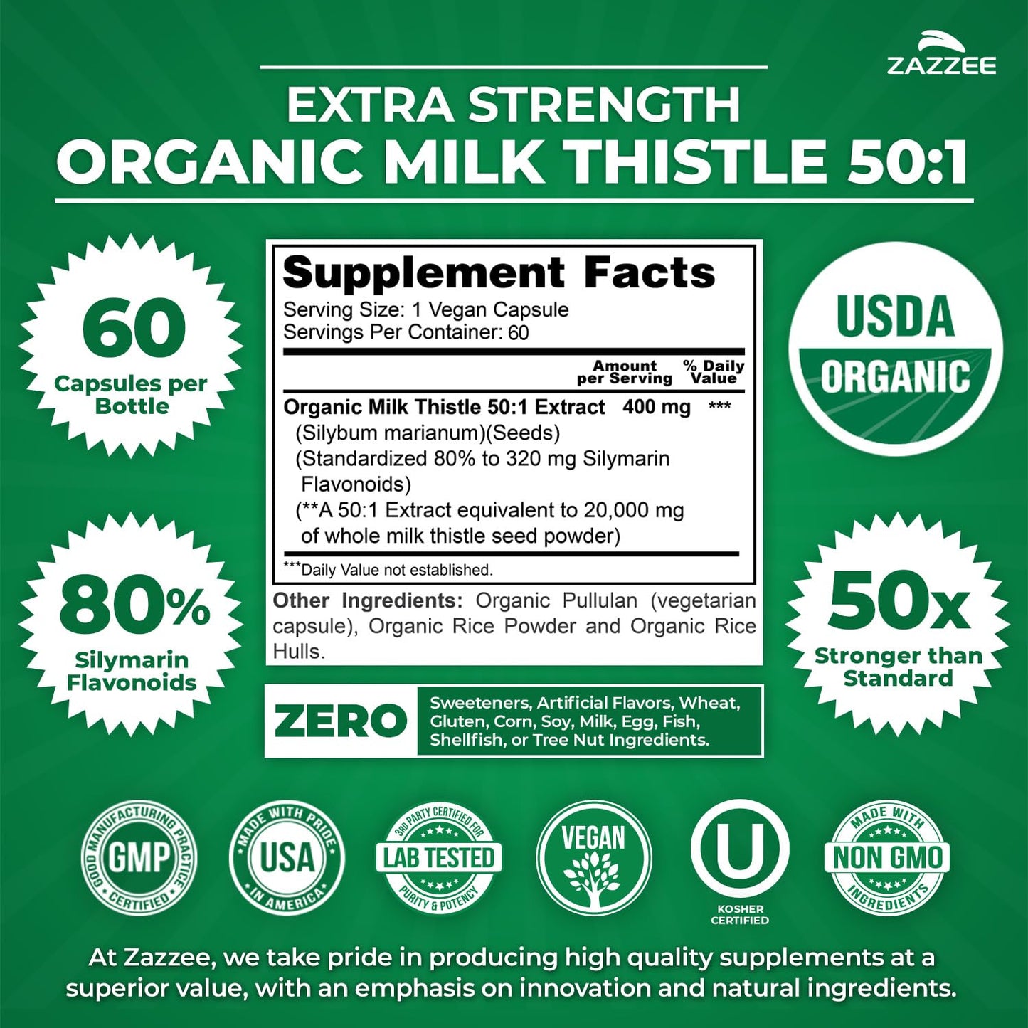 Zazzee USDA Organic Milk Thistle 50:1 Extract, 80% Silymarin Flavonoids, 200 Vegan Capsules, 6+ Month Supply, Silybum Marianum, Liver Support & Detox Support, Organic All-Natural, Non-GMO, Made in USA