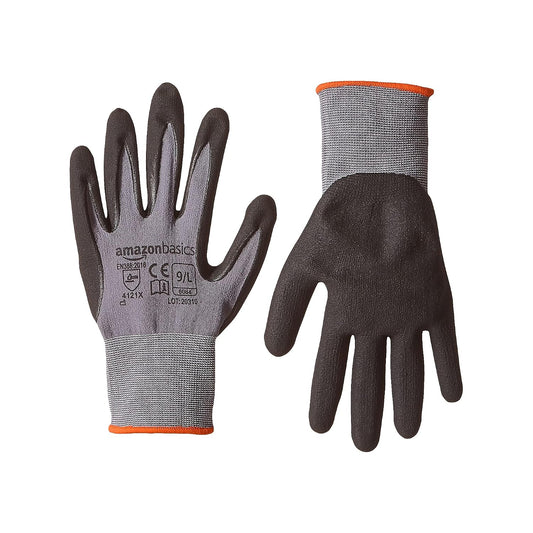 Amazon Basics Micro-Foam Nitrile Coated Safety Work Gloves, Nylon Liner Fiber, Touch Screen Compatible, Grey, Size 9, Large, 6-Pack