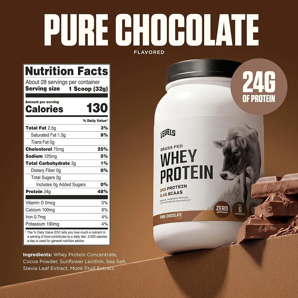 Levels Grass Fed Whey Protein Powder, No Artificials, 24G of Protein, Pure Chocolate, 2LB