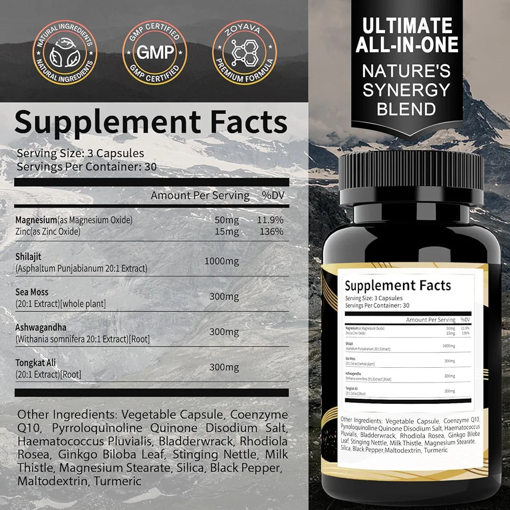 Shilajit Capsules, 19-in-1 Supplement with Sea Moss, Ashwagandha, Tongkat Ali & Fulvic Acid, Natural Mineral Wellness Supplement, Gluten Free, Non-GMO, 90 Capsules