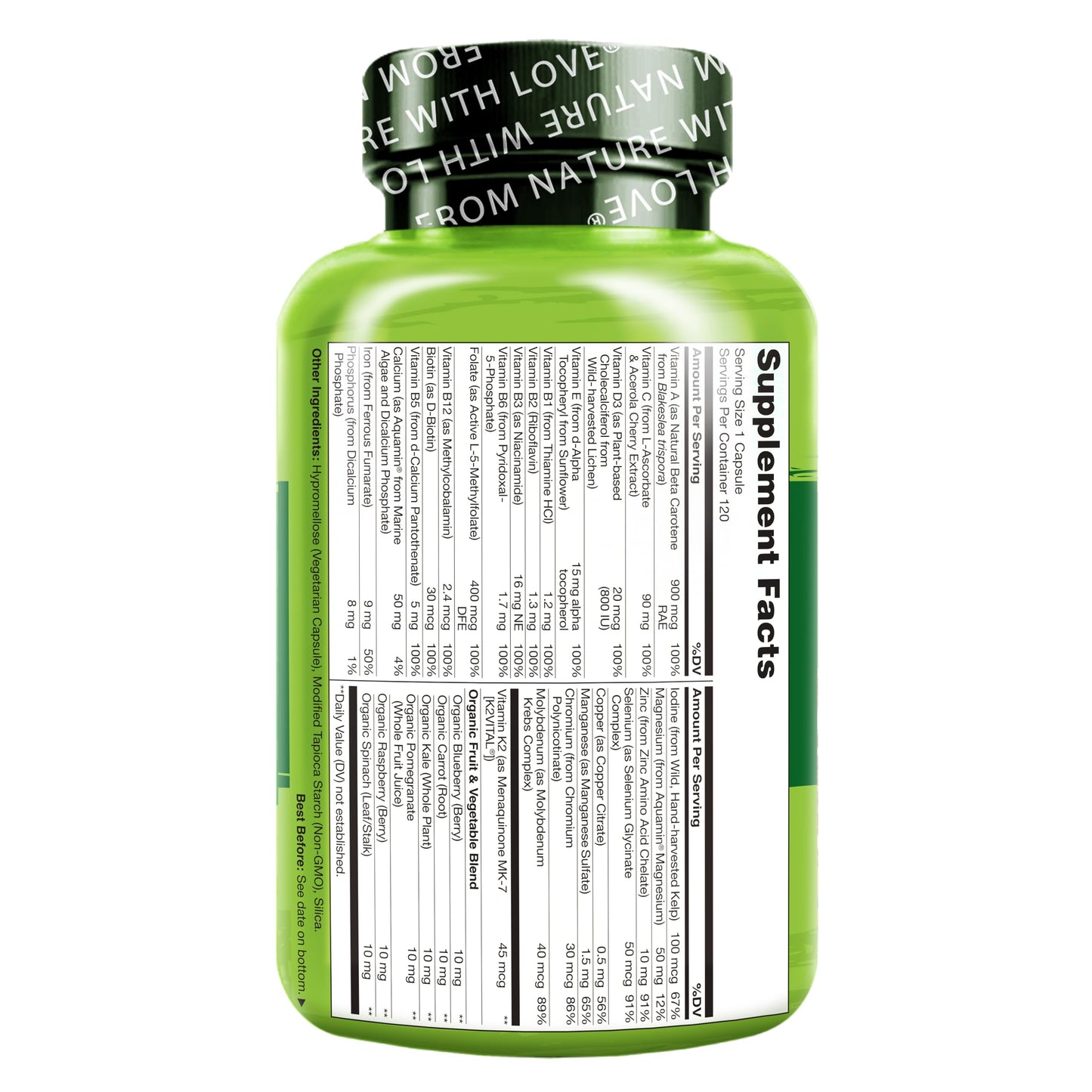 NATURELO One Daily Multivitamin for Women w/Vitamin B12, 120 Ct, Energy Support, Whole Food Daily Women Multivitamin Supplement, Nourish Hair/Skin/Nail, Non-GMO, No Soy, Gluten Free, 4 Month Supply