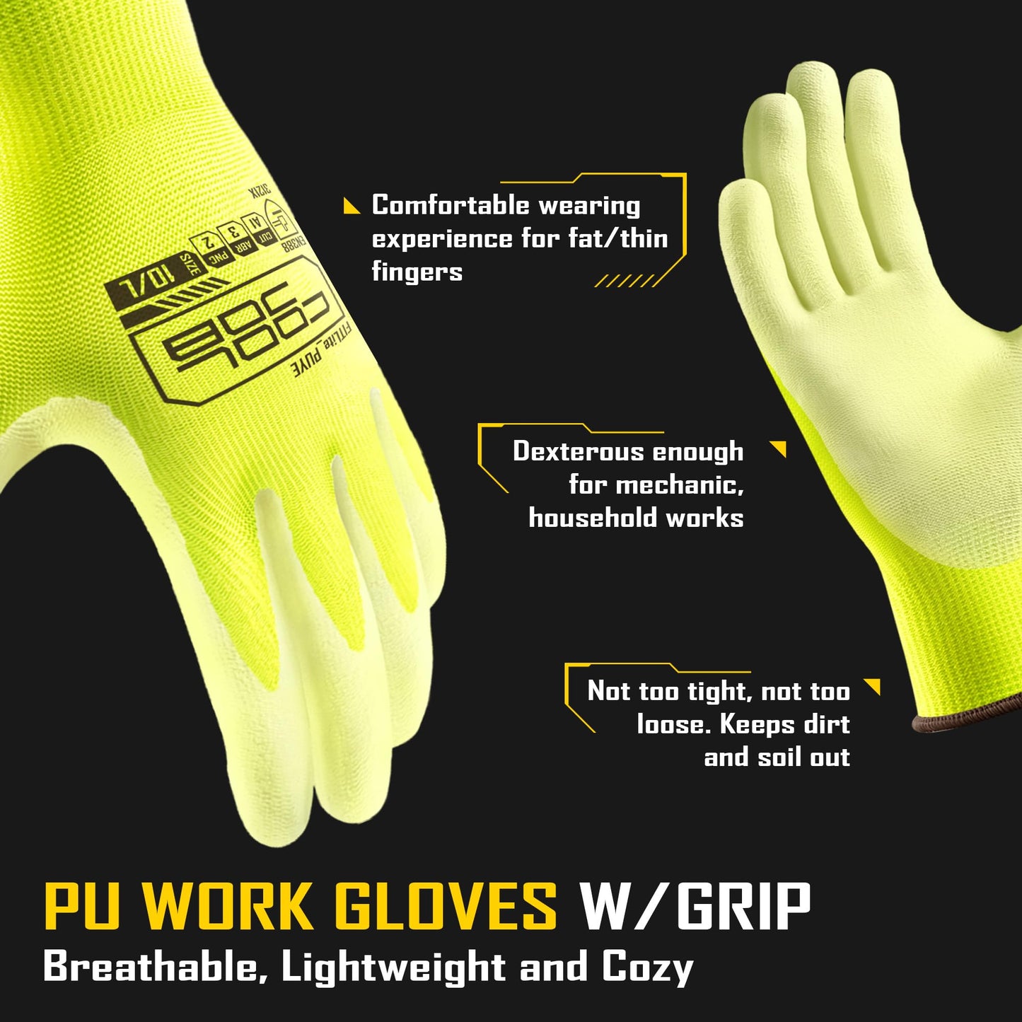 COOLJOB 12/60 Pairs Safety Work Gloves Pack Bulk with Grip PU Coating | Breathable Lightweight Gloves with Polyurethane Dipped for Men Women, 13 Gauge Seamless Knit Thin Gloves, Blue Large