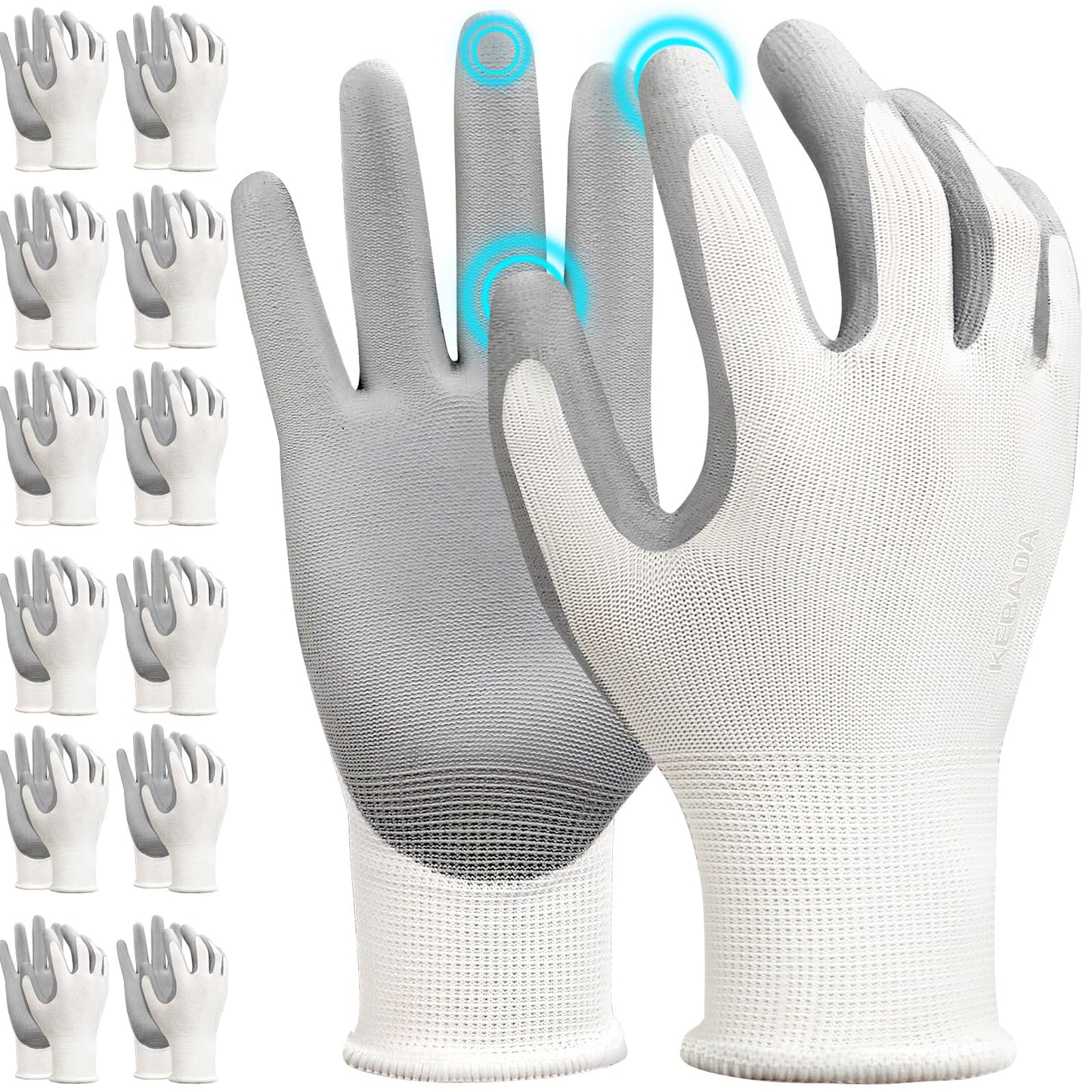 W1 Safety Work Gloves for Men & Women, Touchscreen, PU Coated | 12 Pairs, Gray, Breathable Seamless Knit, Lightweight, Secure Grip. Ideal for Warehouse, Construction, Gardening & Mechanics