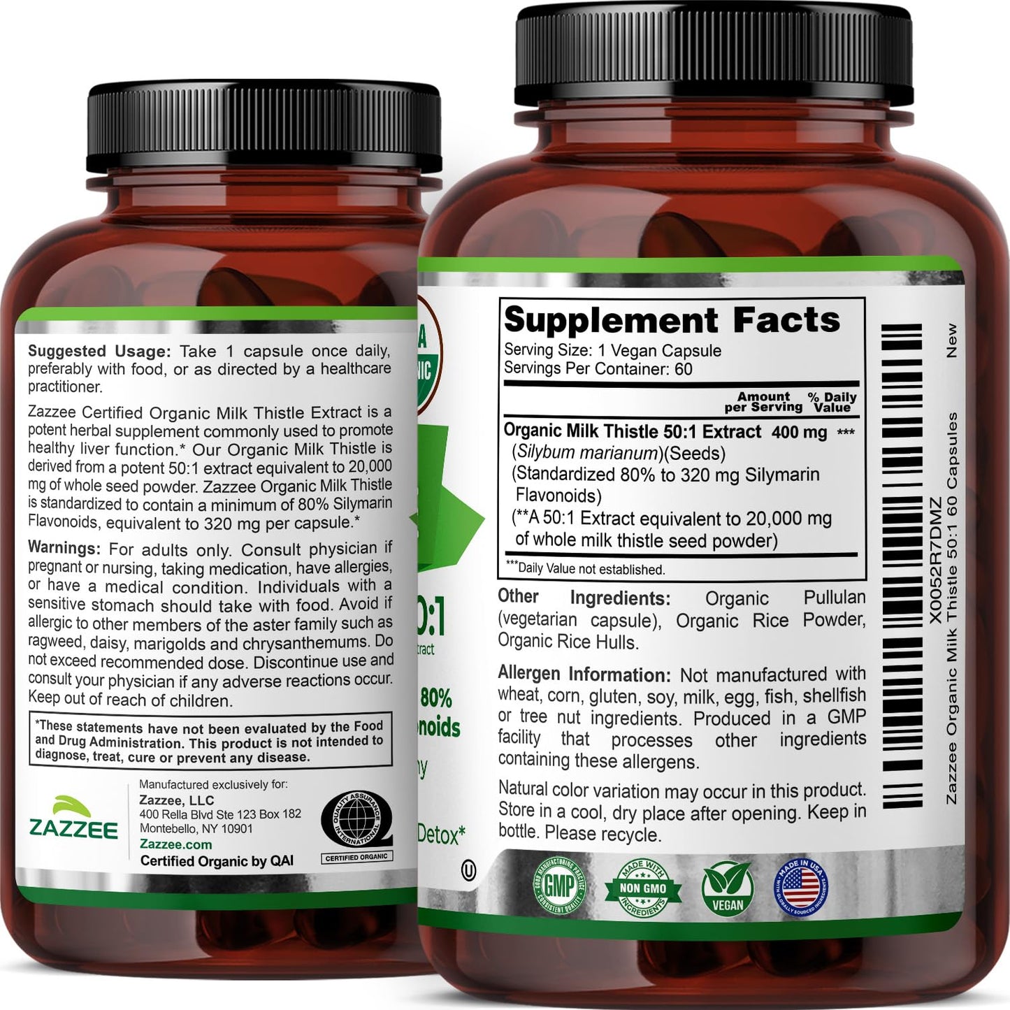 Zazzee USDA Organic Milk Thistle 50:1 Extract, 80% Silymarin Flavonoids, 200 Vegan Capsules, 6+ Month Supply, Silybum Marianum, Liver Support & Detox Support, Organic All-Natural, Non-GMO, Made in USA