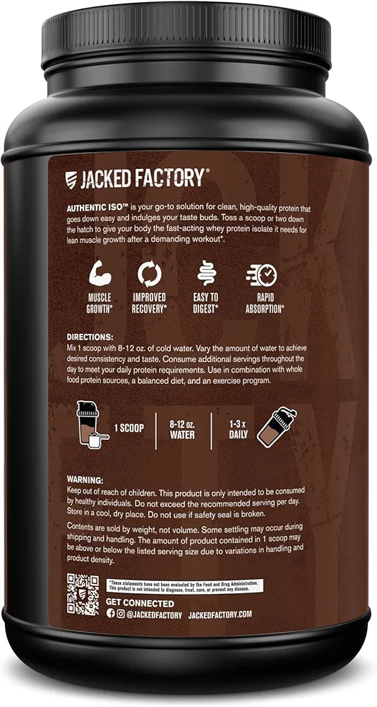 Jacked Factory Authentic ISO Whey Protein Isolate Powder - Low Carb, Non-GMO Muscle Building Protein w/No Fillers, Post Workout Recovery, Dark Chocolate - 25 Servings