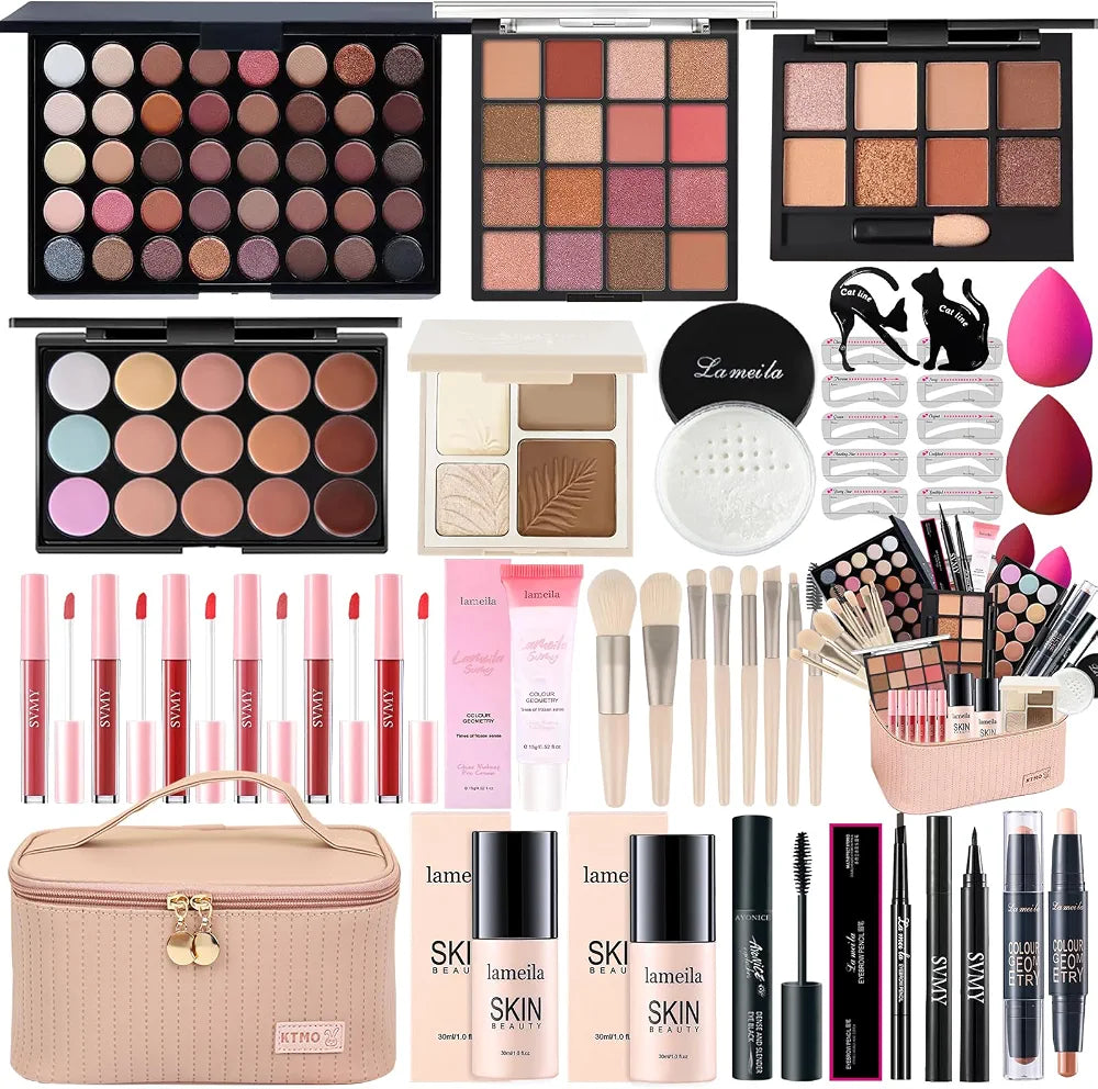 Professional All-in-One Makeup Kit: Complete Cosmetic Bundle with Eyeshadow, Foundation, Eyeliner, Contour, Lip Gloss, and Brushes