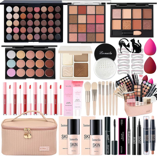 Professional All-in-One Makeup Kit: Complete Cosmetic Bundle with Eyeshadow, Foundation, Eyeliner, Contour, Lip Gloss, and Brushes