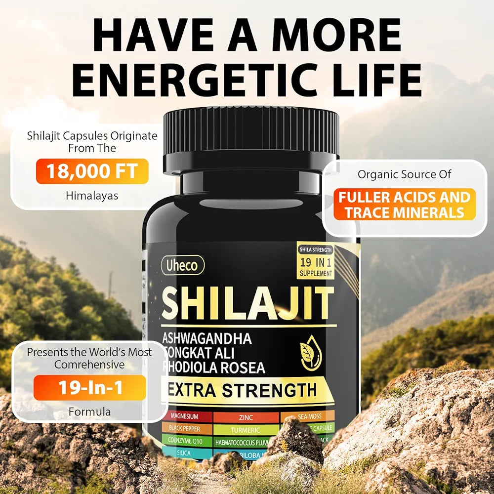 Shilajit Capsules, 19-in-1 Supplement with Sea Moss, Ashwagandha, Tongkat Ali & Fulvic Acid, Natural Mineral Wellness Supplement, Gluten Free, Non-GMO, 90 Capsules